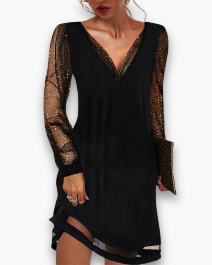 Damen Elegantes Abendkleid Mit Durchsichtigen Ärmeln | Midi