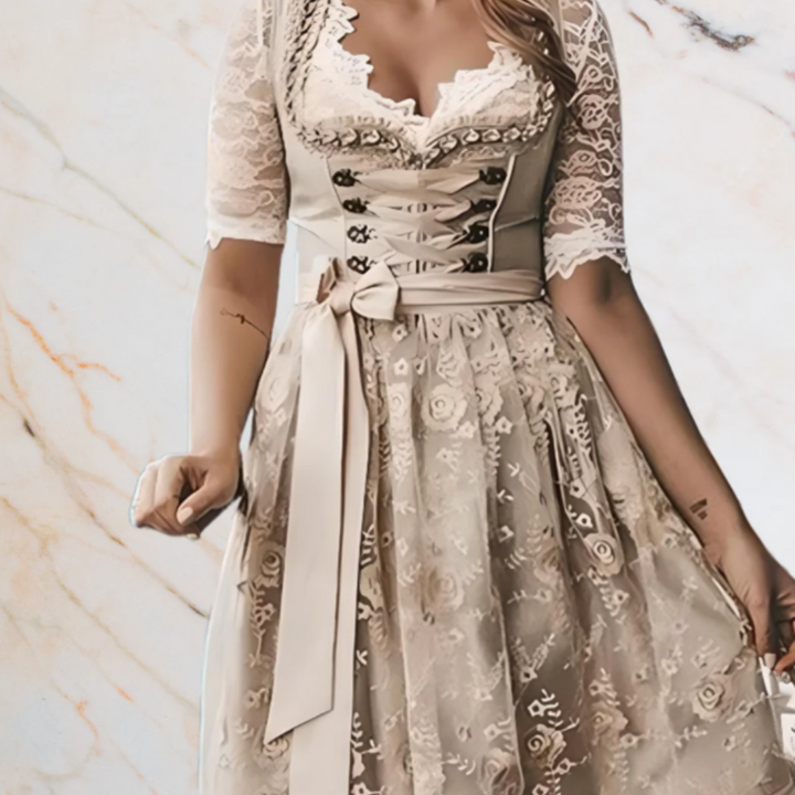 Damen Elegantes Spitzen Dirndl Kleid | Midi