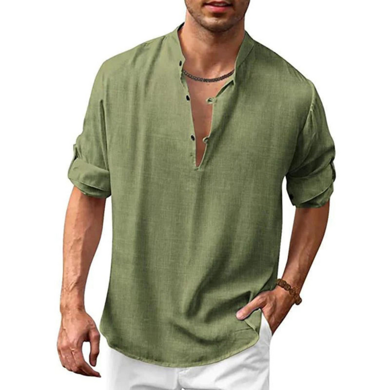 Herren Langarm Shirt mit V-Ausschnitt | Lockeres Freizeithemd mit Knöpfen