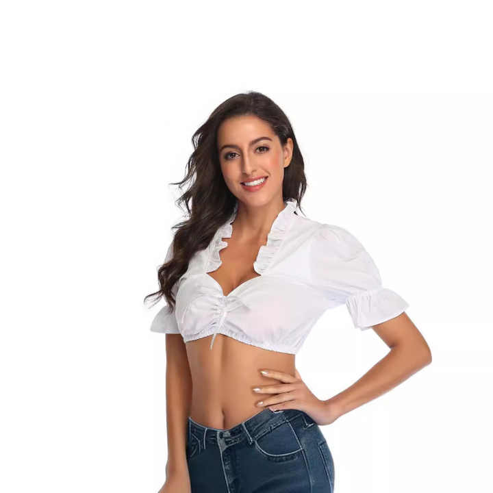 Damen Weiß Dirndl Bluse Oktoberfest | Festlich mit Rüschenbesatz