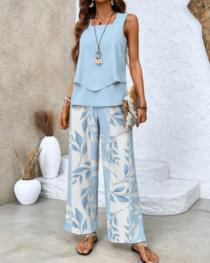 Damen Sommer Set Zweiteiler | Ärmelloses Top & Gerade Hose