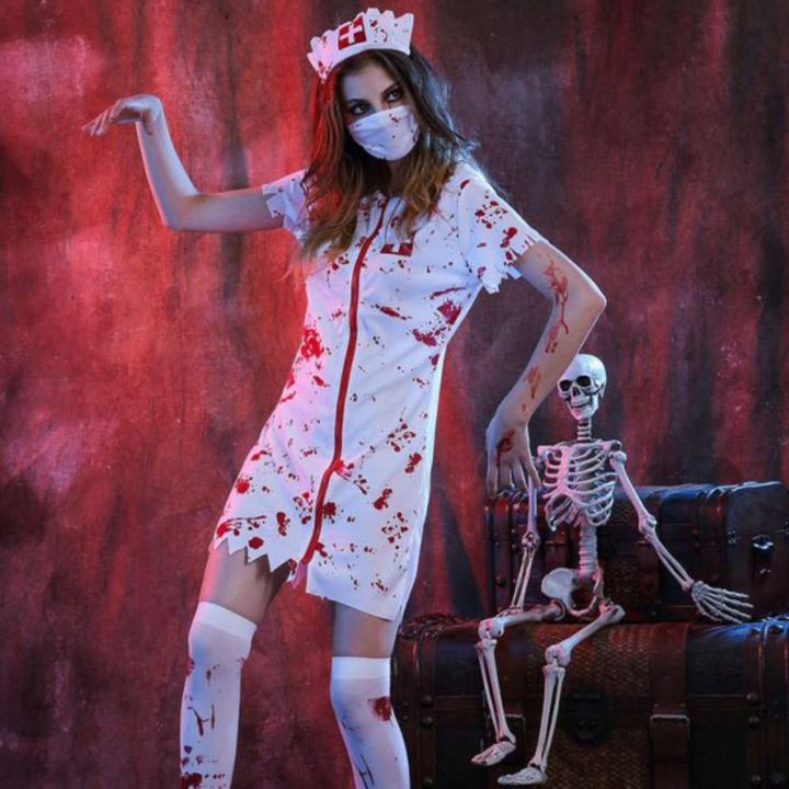Damen Halloween Kostüm | Kurzarm Kleid mit Blutflecken und Reißverschluss