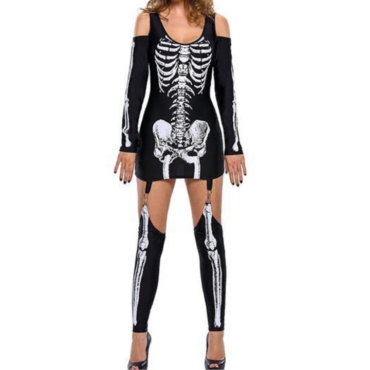 Damen Halloween-Kostüm Set | Schulterfrei & Mit Knochenprint