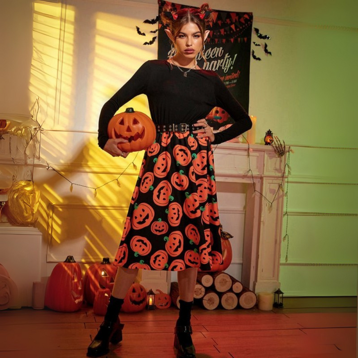 Damen Halloween-Kleid mit Kürbis-Print | Langarm & Midi-Länge