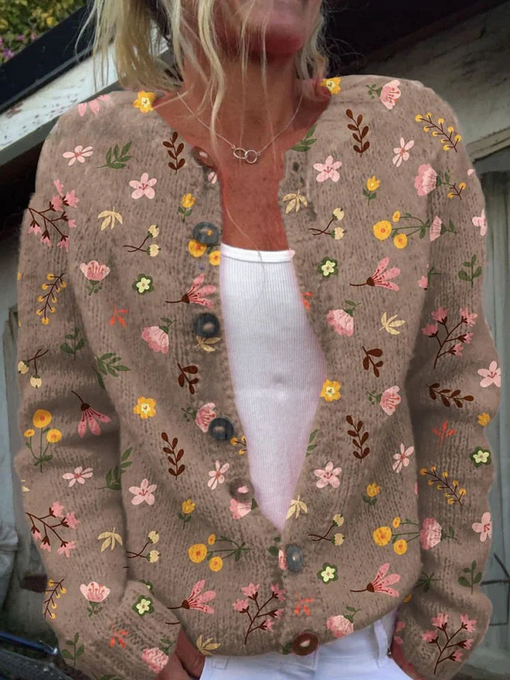 Strickjacke Damen Blumenmuster Elegant | Rundhals Knopfleiste