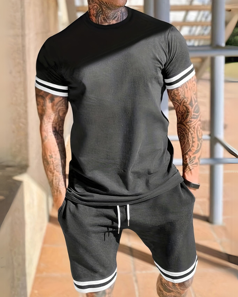 Herren Sport Set mit T-Shirt & Shorts | Zweiteiler mit Streifen für Sommer & Training