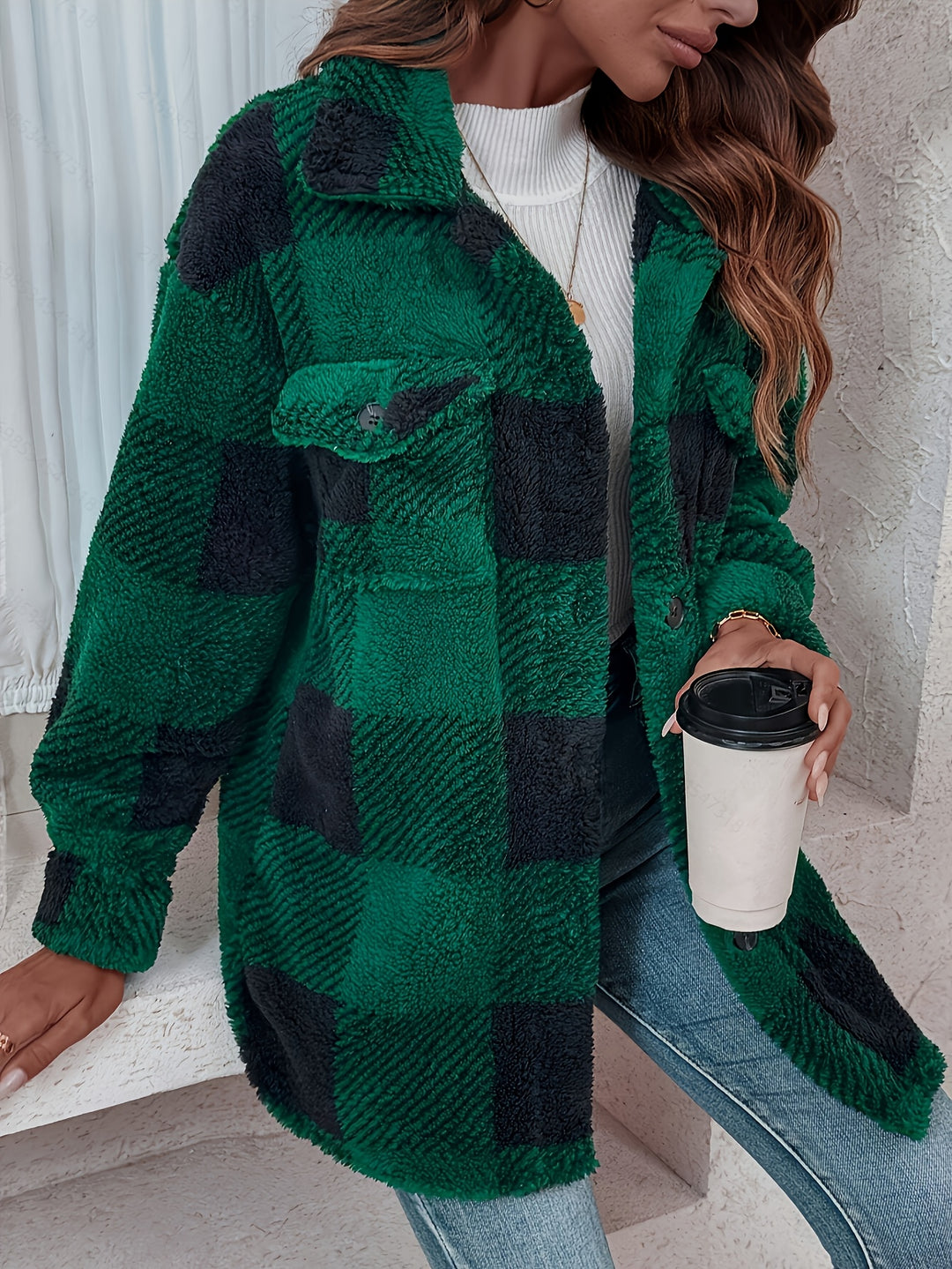 Damen-Freizeitjacke aus Fleece | Karomuster mit Knopfleiste vorne