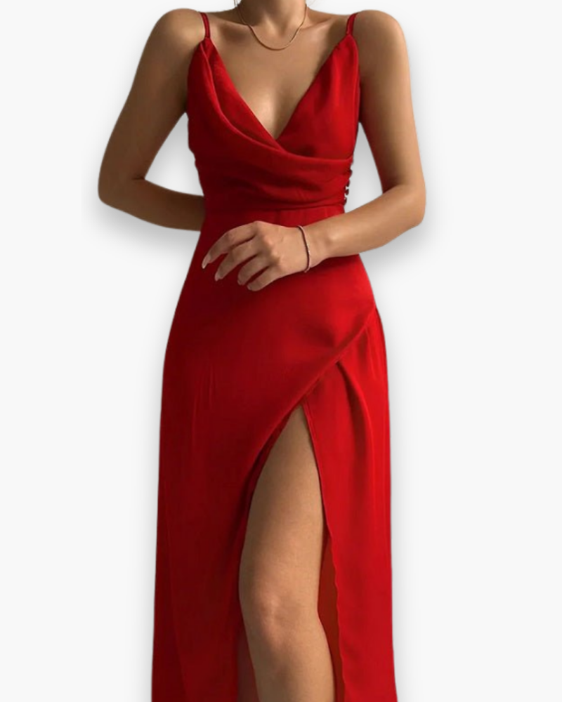Damen Elegantes Festliches Kleid | Maxi V-Ausschnitt mit Oberschenkelschlitz