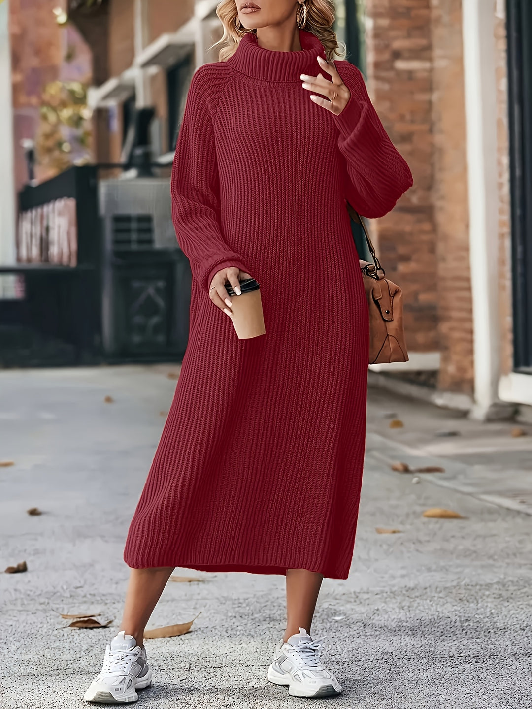 Damen Strickkleid Rollkragen | Langarm und Midi-Länge