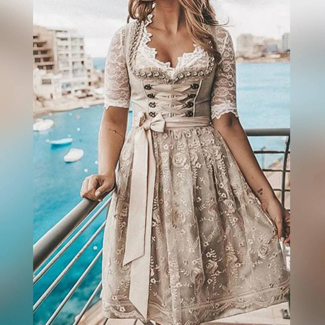 Damen Elegantes Spitzen Dirndl Kleid | Midi