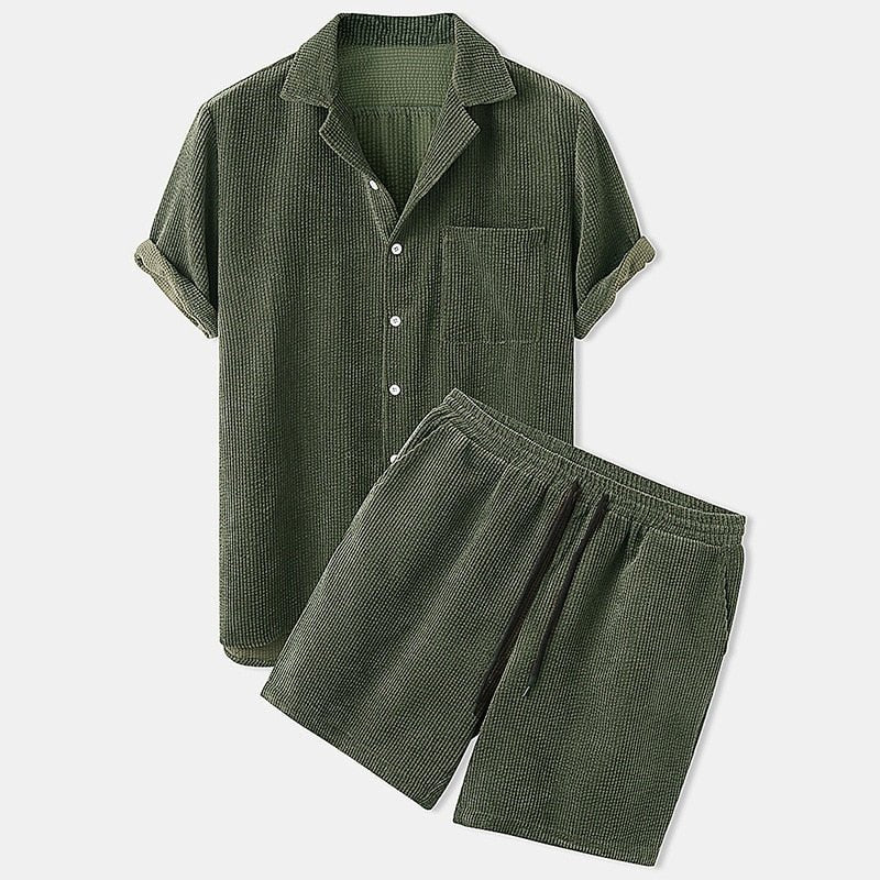 Herren Lässiges Cordhemd und Shorts Set | Retro Casual Kleidung 0
