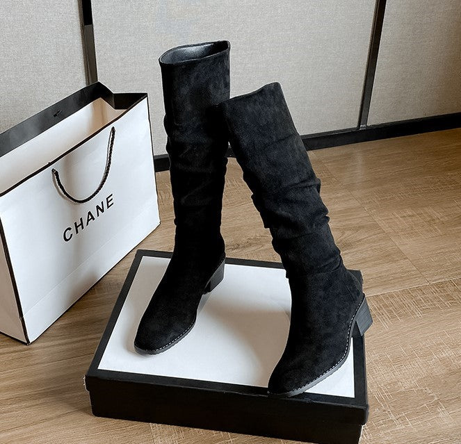 Overknee Stiefel Damen | Schlupfform mit Niedrigem Blockabsatz