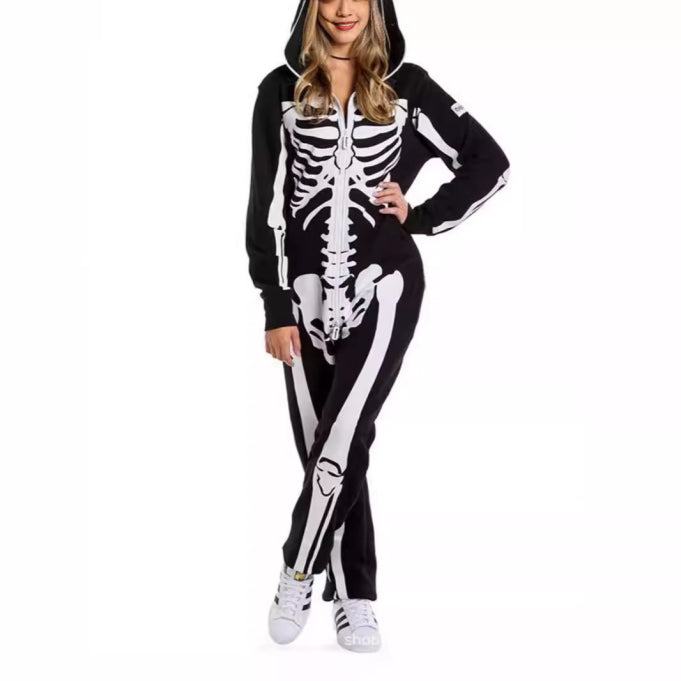 Damen Skelett Halloween-Kostüm Jumpsuit | Einteiler mit Langarm