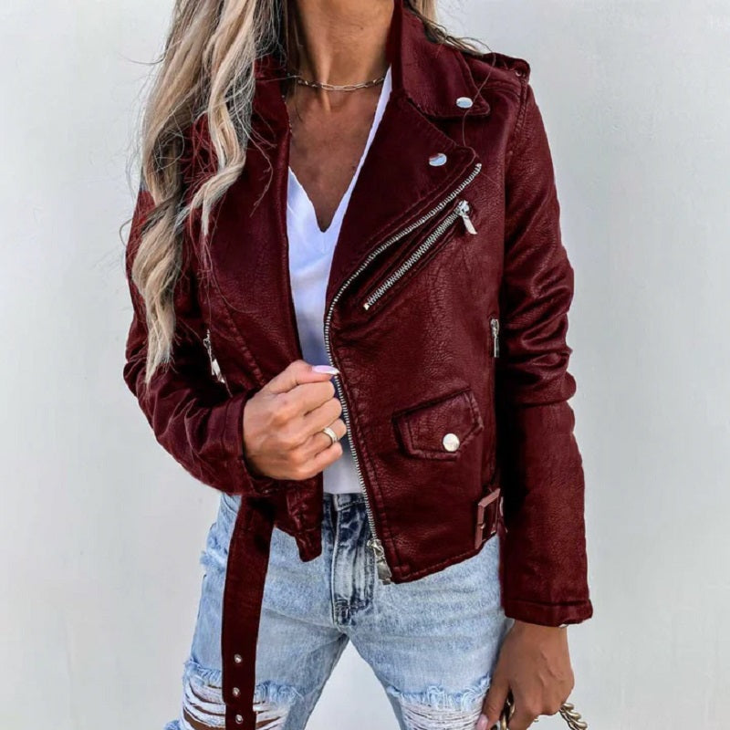 Bikerjacke Damen Mit Reverskragen | Kurzer Schnitt mit Reißverschluss und Taschen
