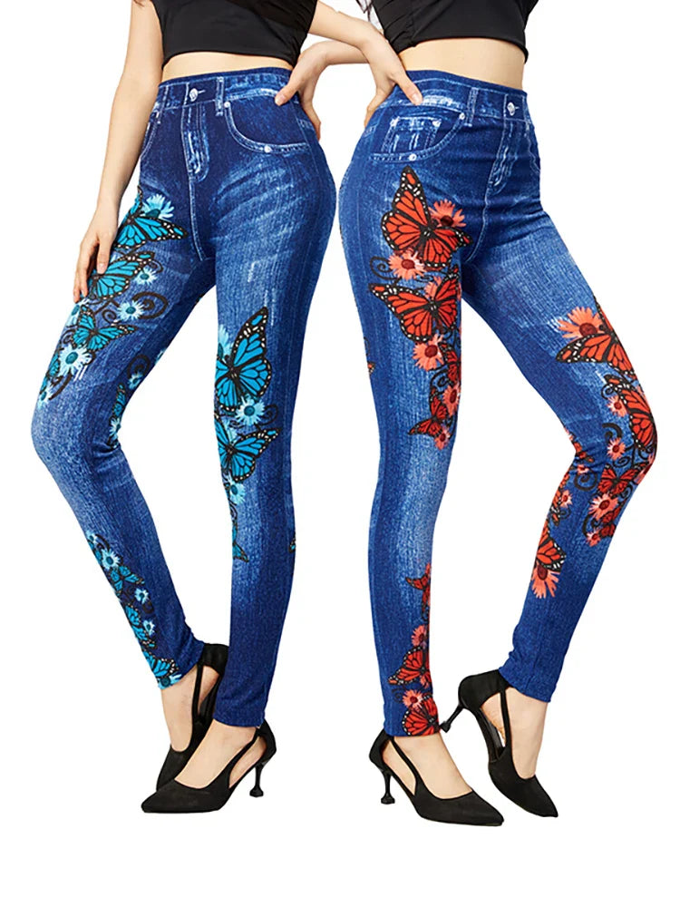 Jeggings Damen Slim Fit | Hoher Bund Schmetterling Muster