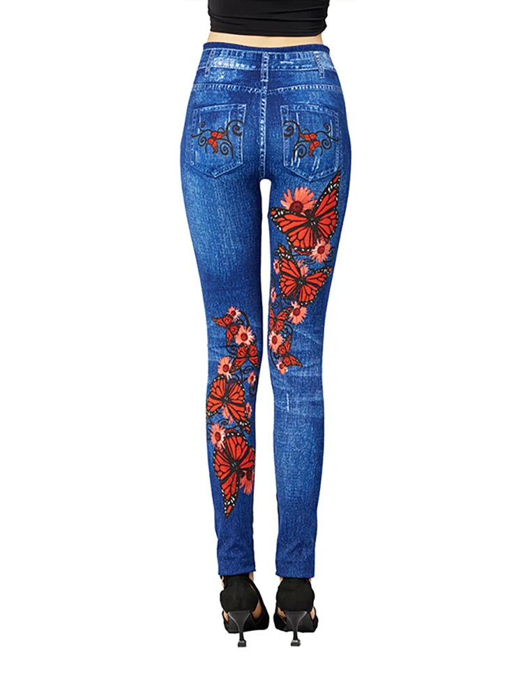 Jeggings Damen Slim Fit | Hoher Bund Schmetterling Muster