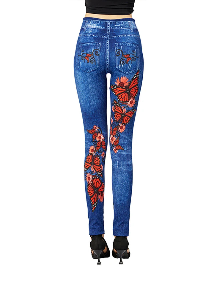 Jeggings Damen Slim Fit | Hoher Bund Schmetterling Muster