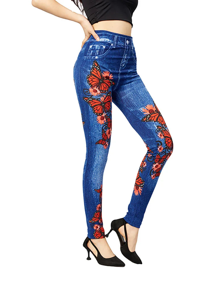 Jeggings Damen Slim Fit | Hoher Bund Schmetterling Muster