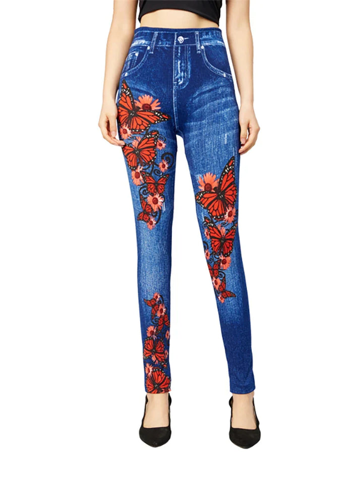 Jeggings Damen Slim Fit | Hoher Bund Schmetterling Muster