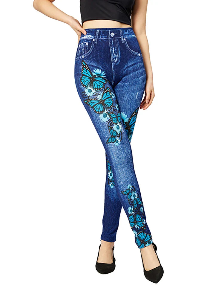 Jeggings Damen Slim Fit | Hoher Bund Schmetterling Muster