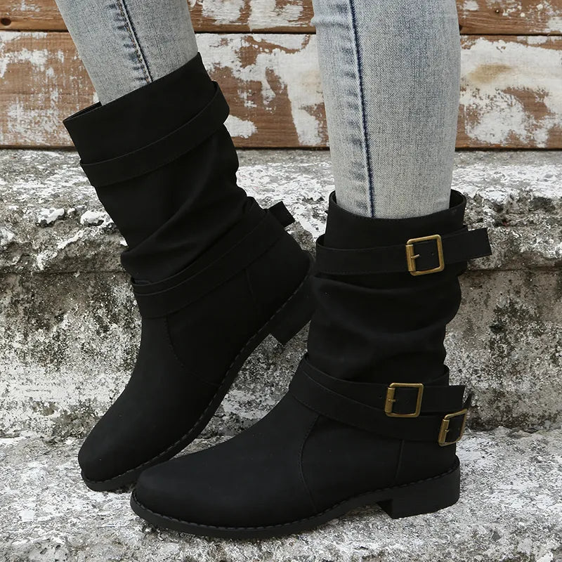 Damen Dirndl Schuhe | Mittelhohe Stiefel Mit Schnallenriemen