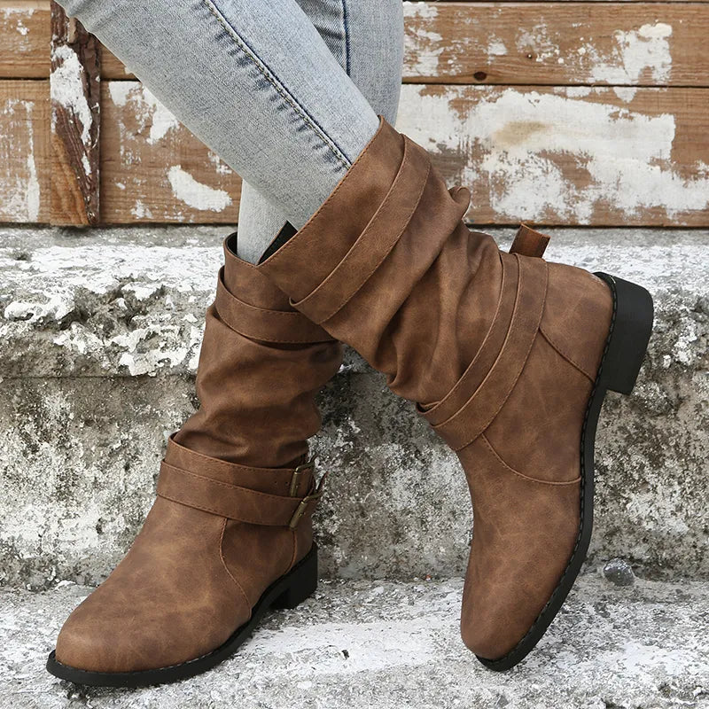 Damen Dirndl Schuhe | Mittelhohe Stiefel Mit Schnallenriemen