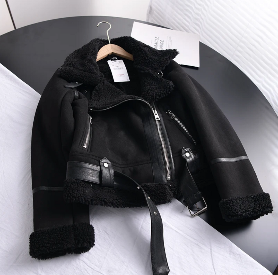 Bikerjacke Damen | Kurzschnitt mit Kragen und Reißverschluss