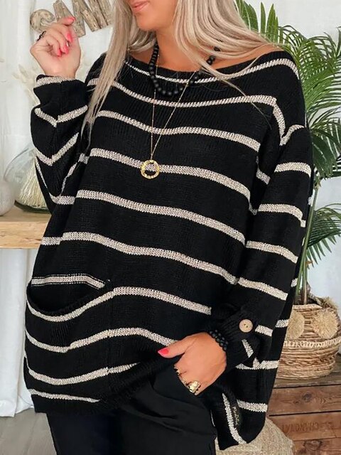Grobstrickpullover Damen mit Streifen | U Boot Ausschnitt