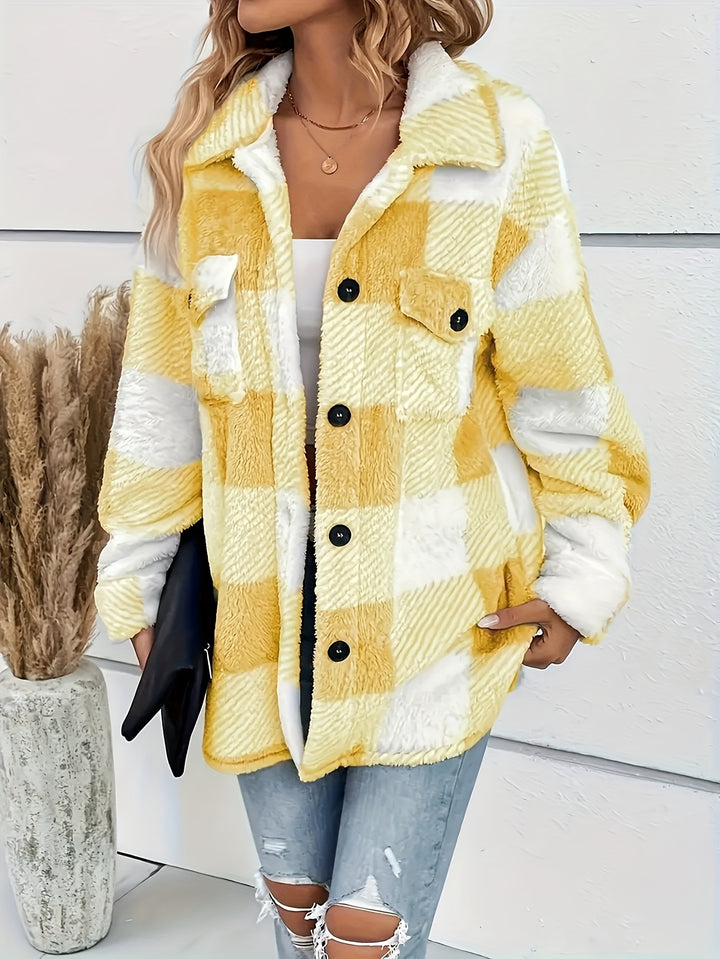 Damen-Freizeitjacke aus Fleece | Karomuster mit Knopfleiste vorne