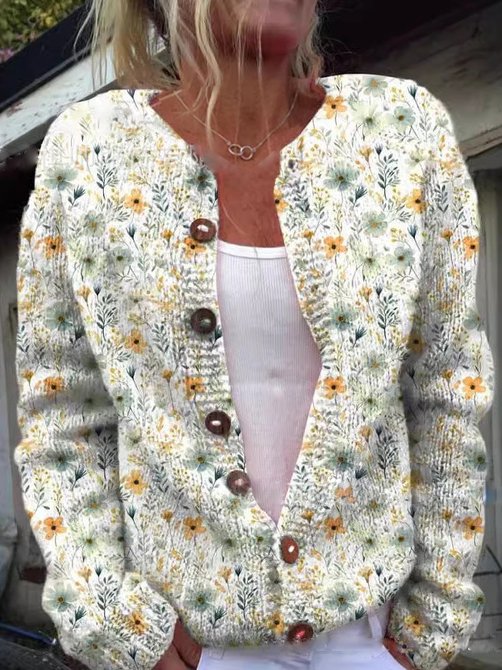 Strickjacke Damen Blumenmuster Elegant | Rundhals Knopfleiste