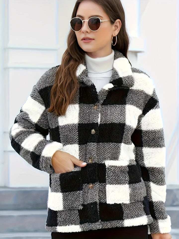 Damen Kuscheljacke Kariert | Knopfverschluss mit Kragen