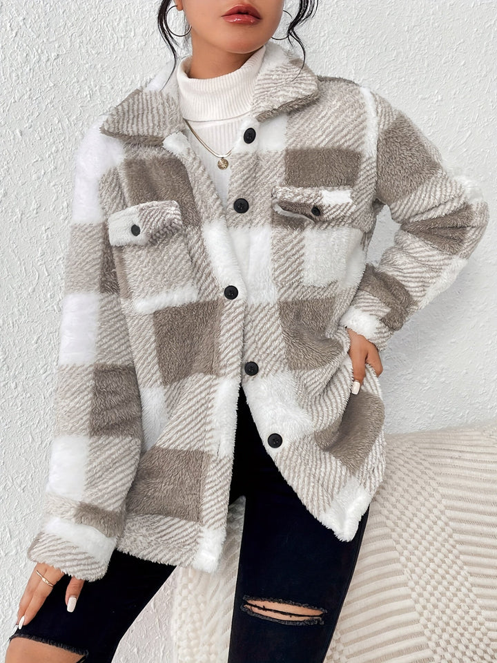 Damen-Freizeitjacke aus Fleece | Karomuster mit Knopfleiste vorne