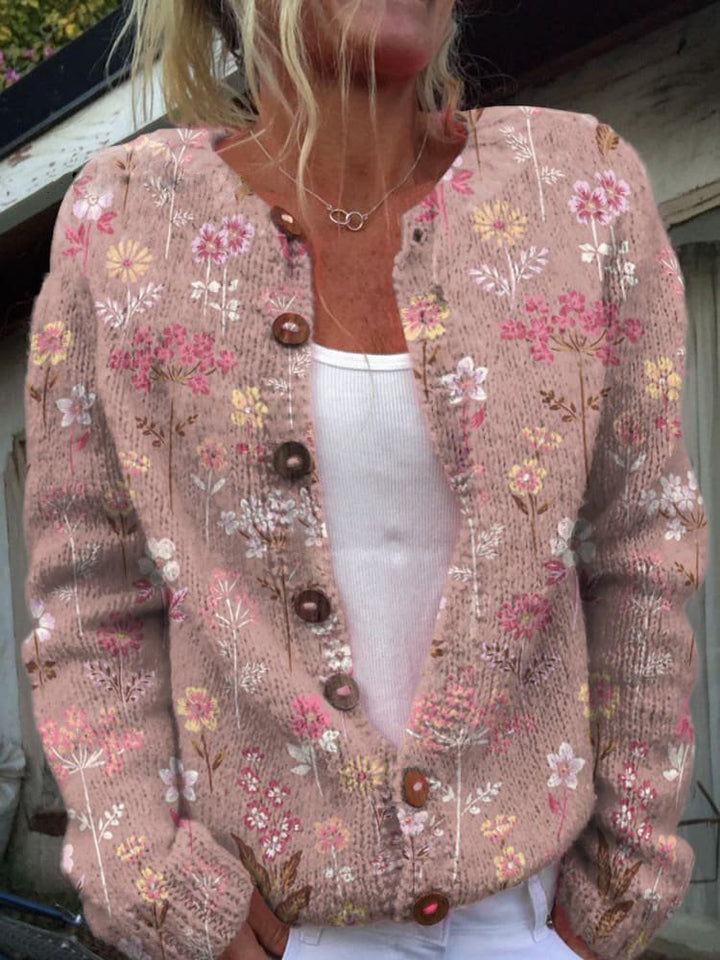 Strickjacke Damen Blumenmuster Elegant | Rundhals Knopfleiste