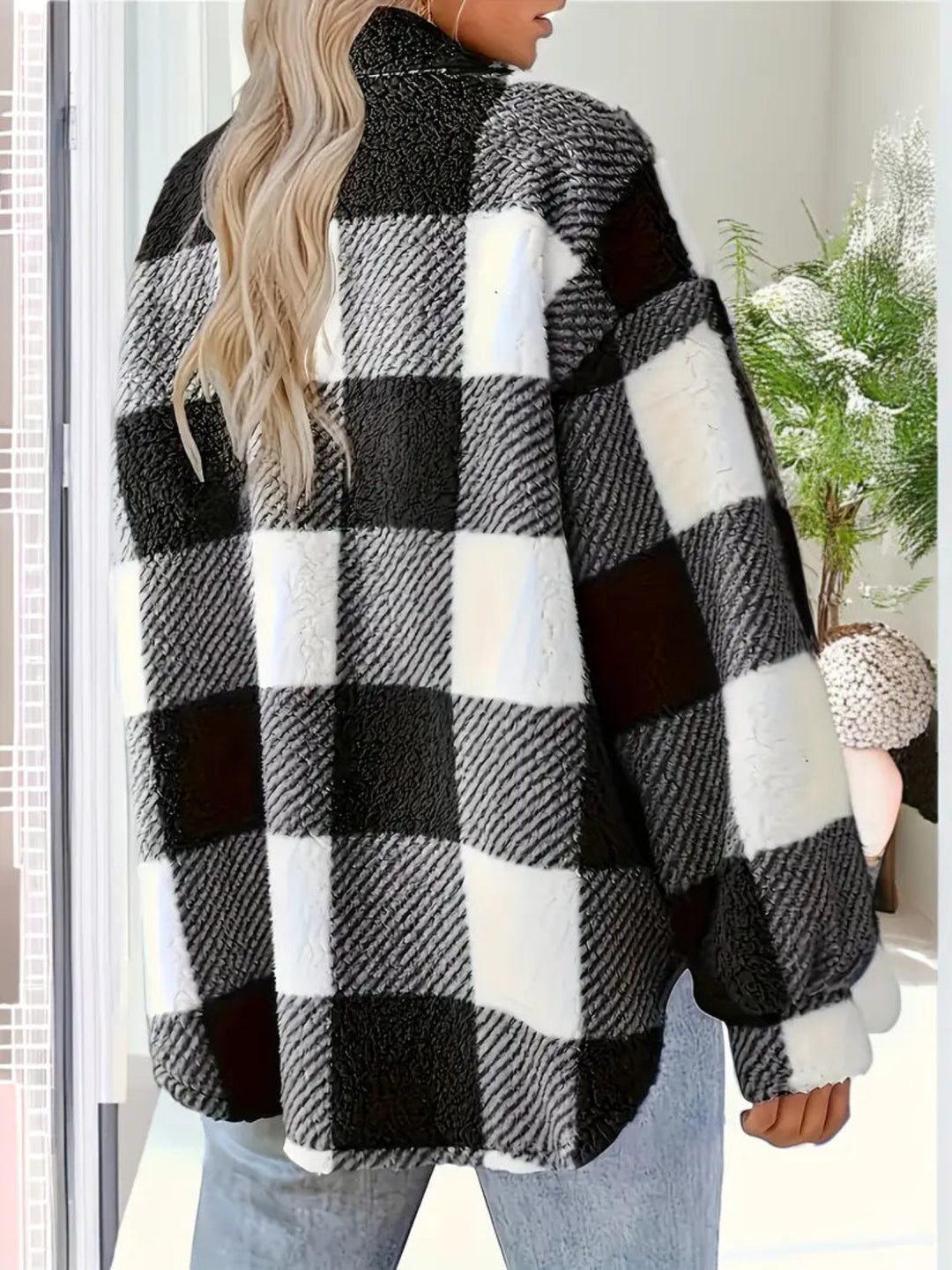 Damen-Freizeitjacke aus Fleece | Karomuster mit Knopfleiste vorne