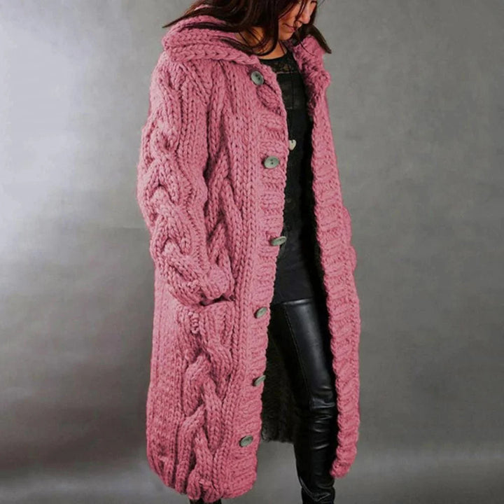 Damen Strickjacke Mantel Lang | Mit Kapuze Grobstrick