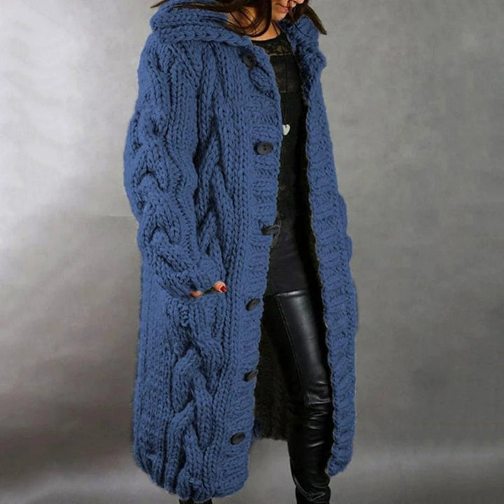 Damen Strickjacke Mantel Lang | Mit Kapuze Grobstrick