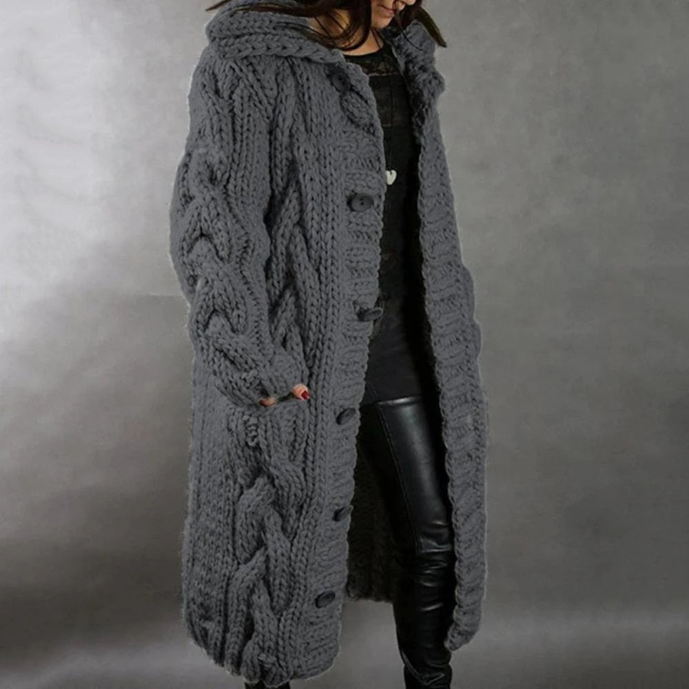Damen Strickjacke Mantel Lang | Mit Kapuze Grobstrick