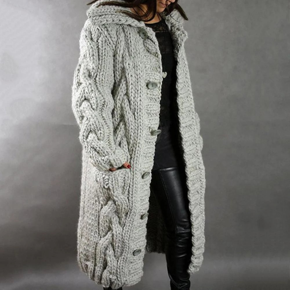 Damen Strickjacke Mantel Lang | Mit Kapuze Grobstrick