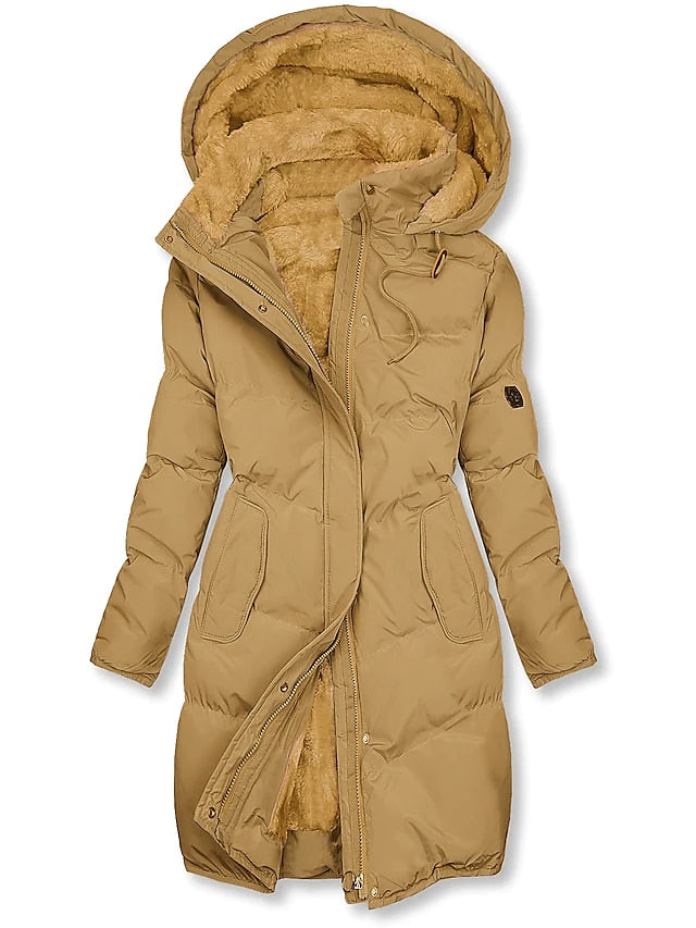 Winterjacke Damen Gefüttert Mit Kapuze | Lang Mit Reißverschluss und Knöpfen