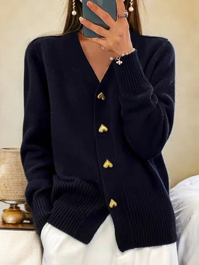 Strickjacke Damen Herzknöpfe Elegant | Weich V-Ausschnitt