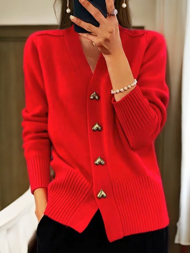 Strickjacke Damen Herzknöpfe Elegant | Weich V-Ausschnitt